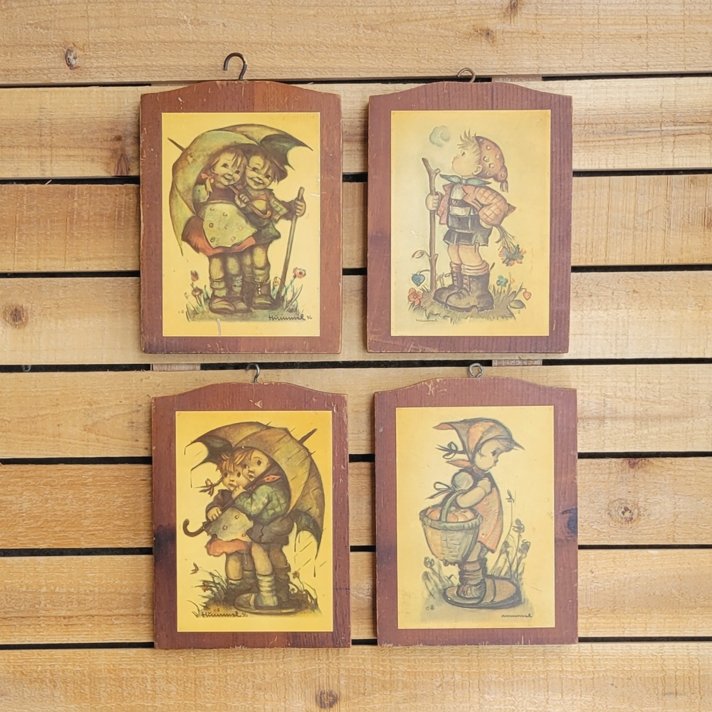Set Of 4 Vintage Hummel Goebels Wooden Wall Art Plaques For Home Decor